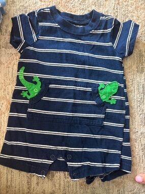 Carter's Navy Blue & White Striped One-Piece with Green Lizard Appliqués